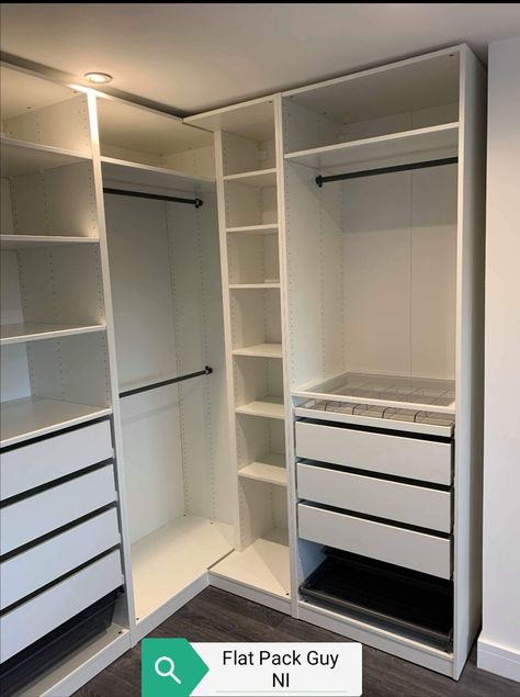 Narrow Closet Design, Corner Wardrobe Closet, Ikea Pax Closet, Creative Closets, Ikea Wardrobe, Dressing Room Closet, Corner Wardrobe, Ikea Pax Wardrobe, Walking Closet