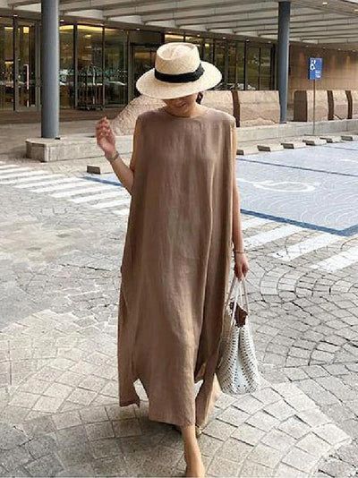 Linen Fashion, Mode Boho, Cotton Clothes, Sleeveless Long Dress, Cotton Vest, Linen Maxi Dress, Khaki Dress, Long Summer Dresses, Linen Dresses