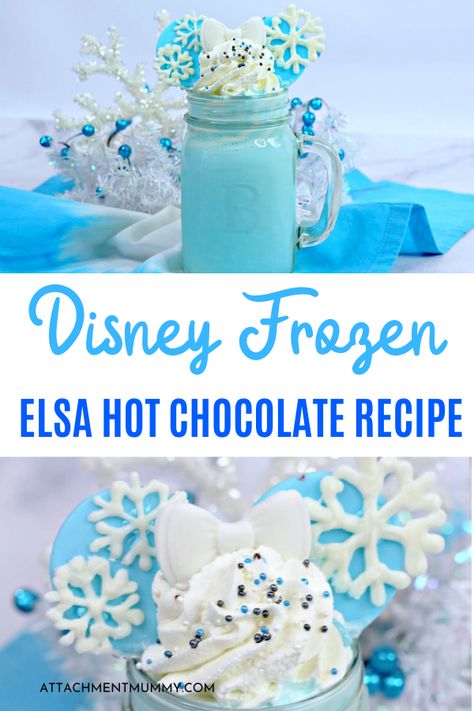 Disney Frozen Elsa Minnie Mouse Ears Hot Chocolate Recipe Marathon Snacks, White Chocolate Snowflakes, Frozen Hot Chocolate Recipe, Unit Study Ideas, Summer Camp At Home, Camp At Home, Disney Recipes, Frozen Hot Chocolate, Delicious Hot Chocolate