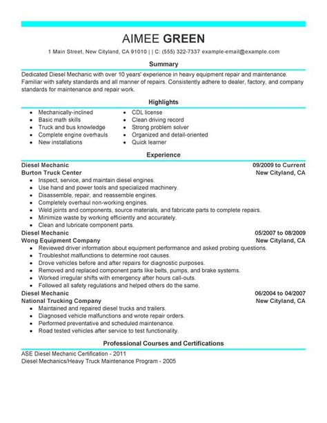 Diesel Mechanic Resume Sample Mechanic Resume, Professional Resume Format, Professional Resume Examples, Free Resume Examples, Chronological Resume, Business Resume, Job Resume Examples, Good Resume Examples, Effective Resume