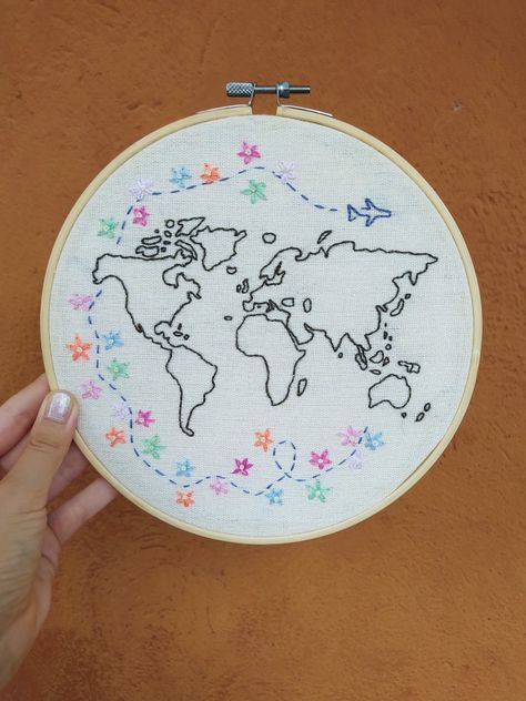 World Map Embroidery, Travel Embroidery, Country Embroidery, Map Embroidery, Embroidery Map, World Map Travel, Pretty Embroidery, Embroidery Sampler, Map Travel