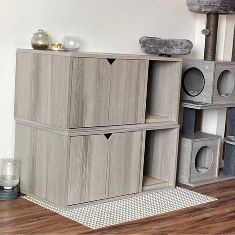 Stack your litter box enclosures and hide your cat's litter in style! Stacked Litter Box Ideas, Stacked Litter Boxes, Cat Litter Enclosure, Cat Litter Box Ideas, Litter Box Ideas, Cat Litter Boxes, Hidden Litter Boxes, Enclosure Design, Cat Houses Indoor