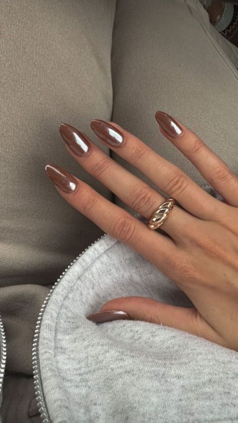 Brown Chromatic Nails, Matte Brown With Glossy Tips, Iridescent Brown Nails, Chrome Nails Light Brown, Matte Nails With Chrome Tips, Chrome Nails Using Eyeshadow, Brown Tips With Chrome, Frosted Brown Nails, Brown With White Chrome Nails