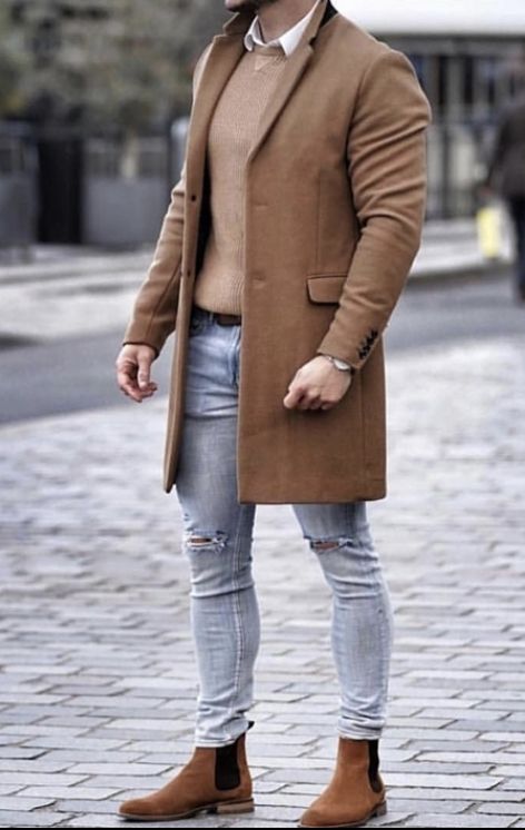 With brown ankle boots, blue ripped jeans, beige sweater and white shirt | #menscoats #mensclothing #casualstyle #winteroutfits Smart Casual Coat, Beige Sweater Outfit, Winter Fashion For Men, Leather Jacket Outfit Men, Winter Sweater Outfits, Jeans Outfit Men, Mens Business Casual Outfits, Overcoat Men, Jeans Outfit Fall