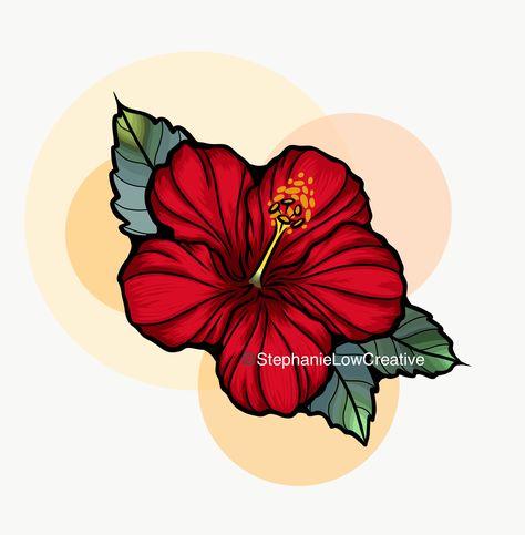 Traditional red hibiscus ©️StephanieLowCreative https://www.etsy.com/shop/SlowDesigns Neo Traditional Hibiscus, Hibiscus Traditional Tattoo, Red Hibiscus, American Traditional Tattoo, American Traditional, Body Mods, Traditional Tattoo, Maple Leaf Tattoo, Tattoos And Piercings