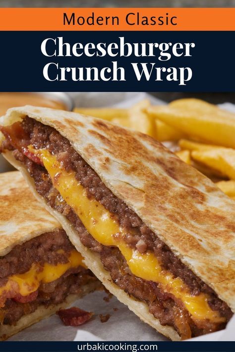 Prepare for a flavor explosion! Our tantalizing Cheeseburger Crunch Wrap Recipe takes your cheeseburger experience to an entirely new level.This modern twist on the timeless cheeseburger combines the mouthwatering goodness of succulent beef, oozy melted cheese, fresh veggies, and a satisfying crispy crunch, all wrapped up in one convenient package.Imagine sinking your teeth into a warm, toasted tortilla housing a beautifully seasoned beef patty, a molten cheese blend, zesty pickles Crunch Wrap Cheeseburger, Crimpet Wrap Recipe, Crunch Wrap Burger, Cheeseburger Wrap Recipe, Cheeseburger Crunch Wrap Recipe, Burger Crunch Wrap Recipe, Ground Beef Crunch Wrap, Cheese Burger Crunch Wrap, How To Make A Crunch Wrap