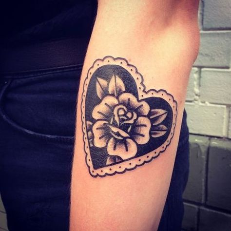 Flower In Heart Tattoo, British Traditional Tattoo, Trad Heart Tattoo, Traditional Foot Tattoo, Lace Heart Tattoo, Traditional Elbow Tattoo, Black And Grey Traditional Tattoo, Black Heart Tattoo, Heart Simple