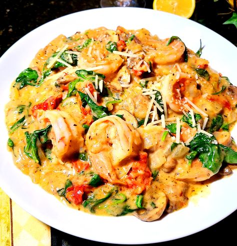 Dairy-Free Creamy, Buttery Tuscan Shrimp (Gluten-free, soy-free, grain-free, dairy-free) Dairy Free Shrimp Scampi, Dairy Free Shrimp Pasta, Dairy Free Shrimp Recipes, Dairy Free Pasta Recipes, Shrimp Stuffed Mushrooms, Creamy Garlic Parmesan Sauce, Tuscan Shrimp, Mushrooms And Spinach, Cajun Shrimp Pasta