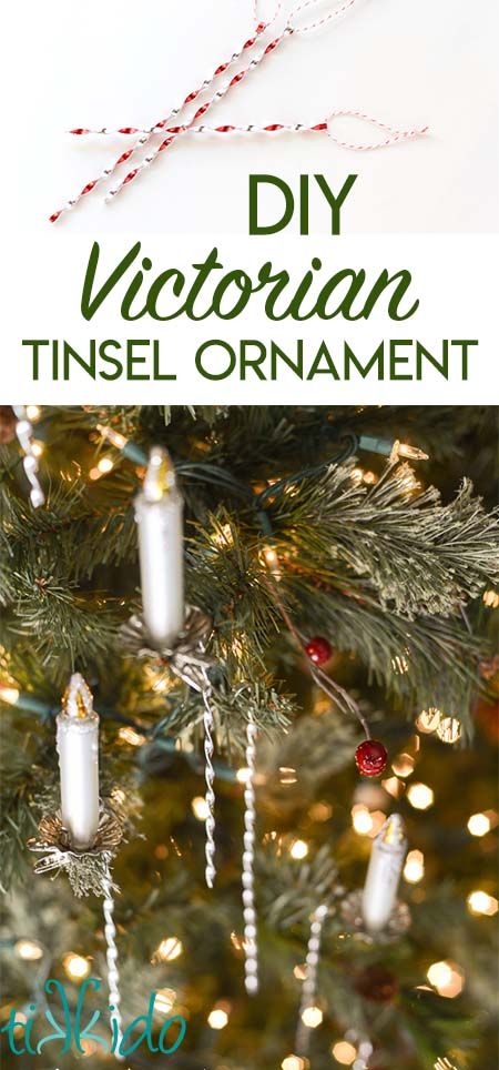 How to make Victorian Christmas tinsel ornaments. Modeled after the ornaments made from Cornish tin for Queen Victoria's Christmas tree, these beautiful, sparkling ornaments are quick, easy, and inexpensive to make. Victorian Tinsel, Victorian Christmas Decorations, Victorian Christmas Tree, Sewn Christmas Ornaments, Victorian Crafts, Tinsel Christmas, Easter Tree Ornaments, Victorian Christmas Ornaments, Christmas Tinsel