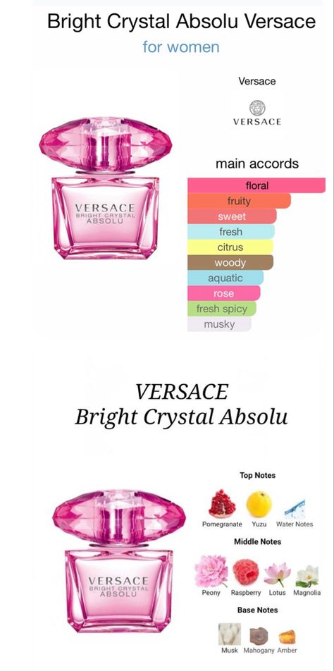 Best Versace Perfume For Women, Versace Perfume Woman, Gym Perfume, Feminine Goals, Versace Bright Crystal Perfume, Versace Bright Crystal Absolu, Bright Crystal Absolu, Scent Combos, Perfume Notes