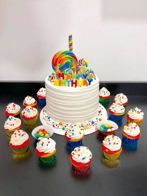 Rainbow Birthday Cake topped with Rainbow suckers an candy! 5 colored layers include Red,Green,Blue,Yellow, & Orange! (Made by Lynn Mitchell Lynn Mitchell - Sparkle&SassSweetTreats Red Blue Yellow Green Birthday Party, Primary Colors Birthday Cake, Red Blue Yellow Birthday Cake, Primary Color Cake, Multi Colored Cake, Primary Color Birthday Party Decorations, Primary Color 1st Birthday Party, Primary Color Birthday Cake, Primary Color Cupcakes