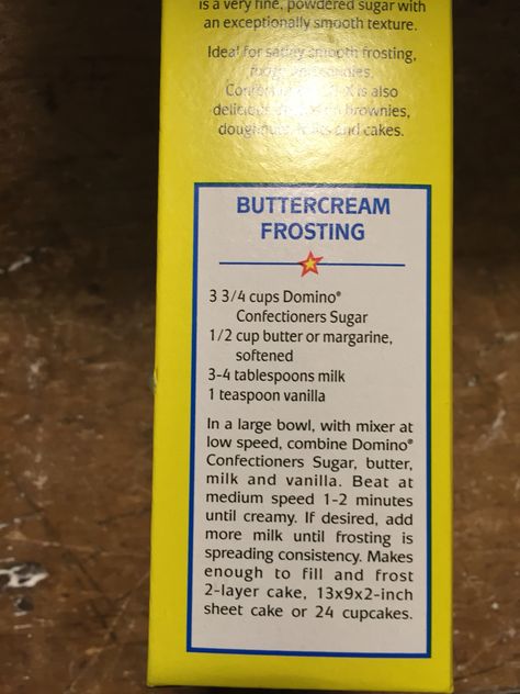 Buttercream Frosting recipe From Domino confectioners sugar box. Sugar Frosting Recipe, Confectioners Sugar Frosting, Sugar Cookie Glaze, Confectioners Sugar Icing, Sugar Cookie Icing Recipe, Buttercream Icing Recipe, Cookie Glaze, Cookie Icing Recipe, Frosting Recipes Easy