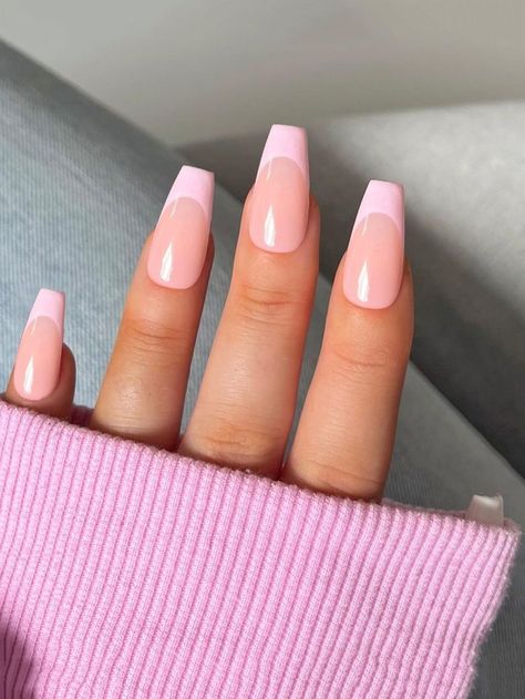 Pink French Nails Coffin, Pink French Tip Nails Coffin, Pink French Tip Coffin, Ongles Rose Pastel, French Tip Coffin Nails, Coffen Nails, Rose Pink Nails, Fake Nails For Kids, Coffin French