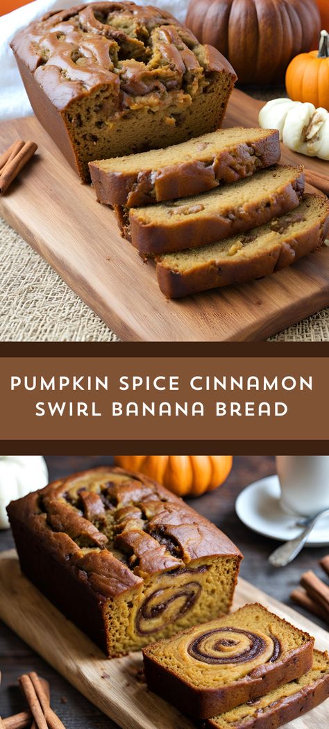 🍂 Indulge in the ultimate fall comfort food with this Pumpkin Spice Cinnamon Swirl Banana Bread recipe! 🍁🎃 Moist and flavorful, it combines the sweetness of ripe bananas with the warmth of pumpkin spice and cinnamon swirls. Perfect for cozy mornings or afternoon treats! 😋#myskinnyrecipes  #PumpkinSpice #BananaBread #FallBaking #ComfortFood 🍞🧡 Banana Bread With Pumpkin Spice, Spiced Banana Bread Recipe, Banana Cinnamon Swirl Bread, Cinnamon Swirl Pumpkin Bread, Fall Banana Recipes, Breakfast Loafs, Pumpkin Banana Recipes, Fall Banana Bread, Solstice Recipes