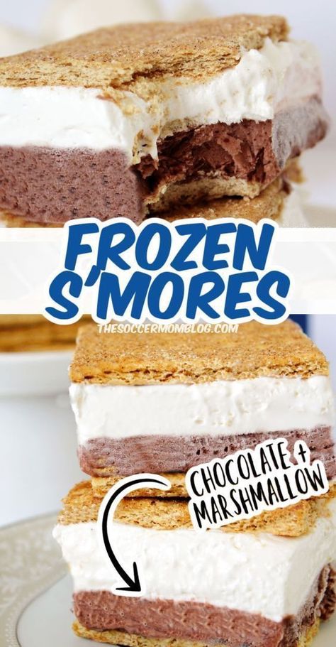 Frozen Smores, Smores Ice Cream, Smores Bar, Summertime Snacks, Ice Cream Sandwiches Recipe, Chocolate Marshmallow, Easy Summer Desserts, Bar Recipe, Cream Sandwich