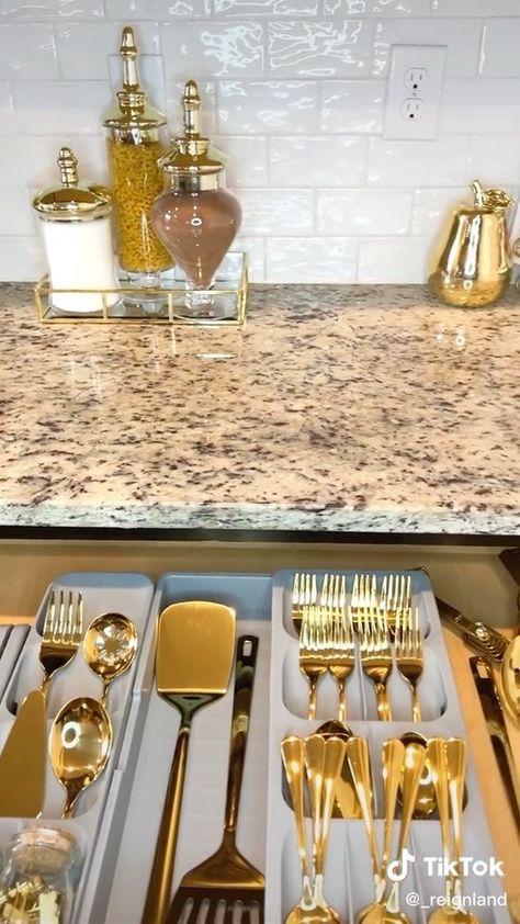 Brown And Gold Kitchen Decor, Brown And Gold Kitchen, Farrah Merhi, Gold Kitchen Decor, Cofee Bar, Coffee Bar Home, Gold Kitchen, First Apartment, Dream House Decor