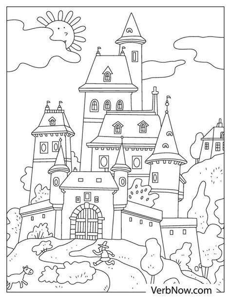 Illustration of a cute castle in the forest, surrounded by lots of trees and clouds Fairy Tale Coloring Pages, Cute Castle, Trees And Clouds, Castle Coloring Page, Tree Coloring, Book Girl, The Castle, In The Forest, Unique Colors