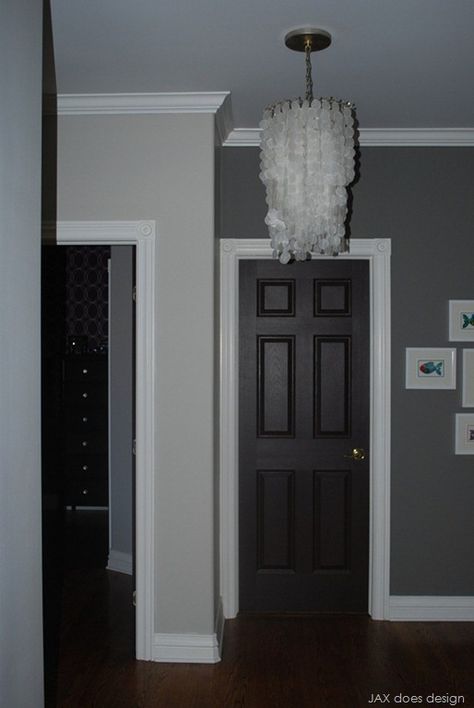 Black Doors White Trim, Grey Walls White Trim, Gray Rooms, Striped Accent Wall, Dark Doors, Hallway Colours, Modern Apartments, Black Interior Doors, Dark Grey Walls