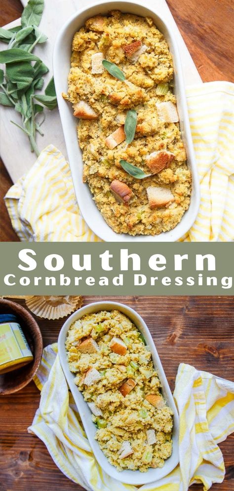 Southern cornbread dressing. This is the only dressing recipe you need! Made with crumbled cornbread, white bread cubes, and plenty of spices! It's based on a Southern Living recipe! #cornbread #cornbreaddressing #thanksgiving #thanksgivingside #sidedish #thanksgivingsidedish #southern Southern Dressing Recipe, Southern Dressing, Southern Cornbread Dressing, Cornbread Dressing Recipe, Fall Favorites Recipes, Cornbread Dressing Southern, Best Thanksgiving Side Dishes, Dressing Recipes Cornbread, Southern Cornbread