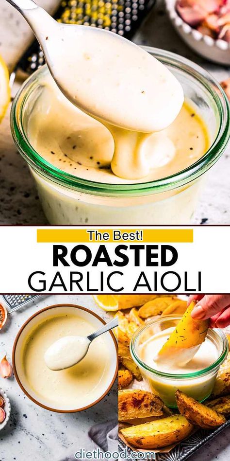 This roasted garlic aioli is so delicious! Creamy mayonnaise blended with whole roasted garlic bulbs, tangy lemon juice, and Dijon mustard creates a smooth and zesty sauce that you'll want to slather on everything. It's super easy to whip up and makes any dish taste even better! #aioli Roasted Garlic Bulb, Whole Roasted Garlic, Easy Roasted Garlic, Garlic Aioli Sauce, Garlic Aioli Recipe, Roasted Garlic Aioli, Garlic Bulbs, Aioli Sauce, Aioli Recipe