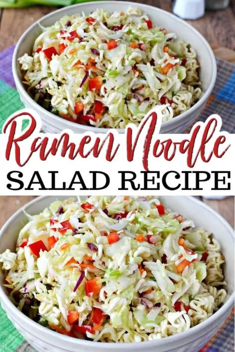 Easy ramen noodle salad recipe comes together quickly for a crispy and flavorful salad. The dressing really brings it all together for a great side dish. Ramen Noodle Coleslaw, Crunchy Coleslaw, Asian Salad Recipe, Easy Macaroni Salad, Ramen Salad, Ramen Noodle Salad, Easy Ramen, Coleslaw Salad, Cold Pasta Salad Recipes