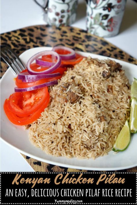 Kenyan Chicken Pilau | A deliciously spiced East African rice pilaf locally called Pilau. This chicken pilau is an elevated chicken and rice recipe that is very easy to make. #chicken #rice #African via @yummymedley Chicken Pilaf Recipe, Chicken Pilau, African Rice, Chicken Pilaf, Pilau Rice, Kenyan Food, Chicken And Rice Recipe, Chicken And Rice Dishes, Pilaf Recipes