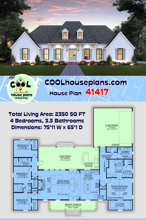 Southern Style House Plan 41417 with 4 Bed, 4 Bath, 2 Car Garage Southern Style House, Southern Style House Plans, Southern House Plan, Southern House, Garage Dimensions, Floor Ceiling, 2 Car Garage, Laundry Mud Room, Roof Framing