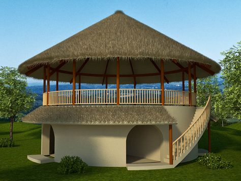 Specifications: 855 sq. ft. interior, 2 bedroom, 1 bath, Footprint: 36′ diameter Description: 10 meters (33’) diameter is the maximum size of a round earthbag structure before needing buttres… Round House Plans, Casa Hobbit, Hut House, Earth Bag, Bamboo House Design, African House, Thatched House, Mud House, House Plan Gallery