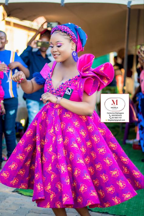 Sepedi traditional attire for makoti Seshweshwe Dresses Design For Bride, Sotho Traditional Attire Women, Sepedi Traditional Attire For Women, Ndebele Outfits, Modern Sepedi Traditional Dresses, Tsonga Dresses, Sepedi Traditional Wedding Dresses, Seshweshwe Dresses, Sepedi Traditional Attire