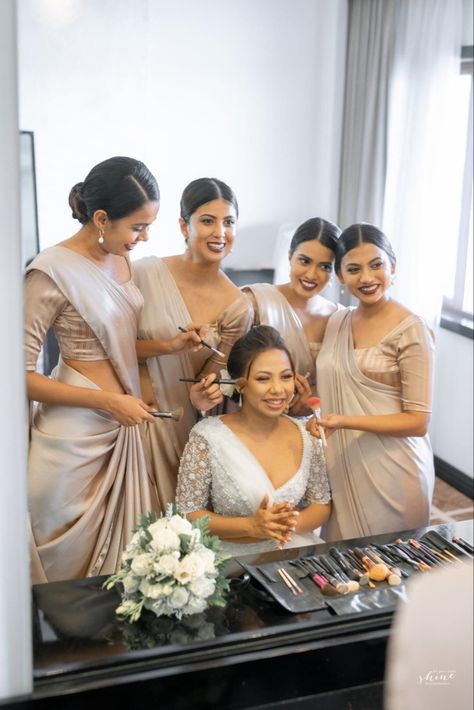 Bridesmaid Saree Color Schemes, Bridesmaids Saree, Bridesmaid Color Scheme, Wedding Brides Maid, Srilankan Wedding, Beige Bridesmaids, Bridesmaid Sarees, Bride Maids, Indian Bridesmaid Dresses