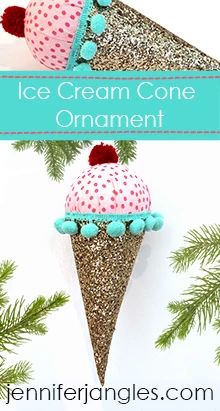 DIY Ice Cream Cone Ornament – Jennifer Jangles Fake Ice Cream Cones Diy, Ice Cream Ornaments, Ice Cream Cone Diy, Jennifer Jangles, Diy Ice Cream Cone, Cone Ornaments, Ice Cream Crafts, Cute Ice Cream, Candy Ornaments