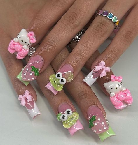 Nails Vacay, Valentines Nails French, Nail Inspo Hello Kitty, Duck Nails Short, French Tip Nails Pink, Azul Nails, Nails Sanrio, Nails Freestyle, Nails Airbrush