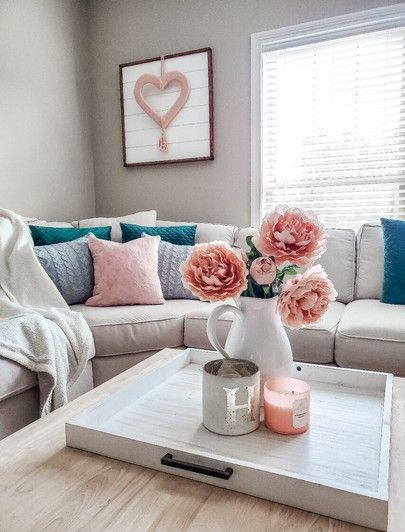 Living room decor / sofa / sectional / coffee table / Valentine's day / peonies /tray / throw pillows #LTKVDay #LTKhome #LTKstyletip Valentine Decor Living Room, Valentine’s Day Living Room Decor, Valentine Coffee Table Decor, Valentines Coffee Table Decor, Valentines Home Decor Living Rooms, Valentine Living Room Decor, Valentines Day Living Room Decor, Valentines Living Room, Living Room Valentine Decor