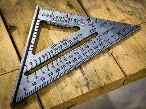 How To Use A Speed Square (AKA Rafter Square)  We cover the basics of how to use a speed square, one of the most useful, multi-functional measuring tools available in the construction field.  https://www.protoolreviews.com/tools/hand/measuring-levels/how-to-use-a-speed-square-aka-rafter-square/39977/  #Swanson #Speedsquare Swanson Speed Square, Electrical Hand Tools, Rafter Square, Tool Logo, Speed Square, Multipurpose Tools, Milwaukee Tools, Construction Tools, Garage Tools