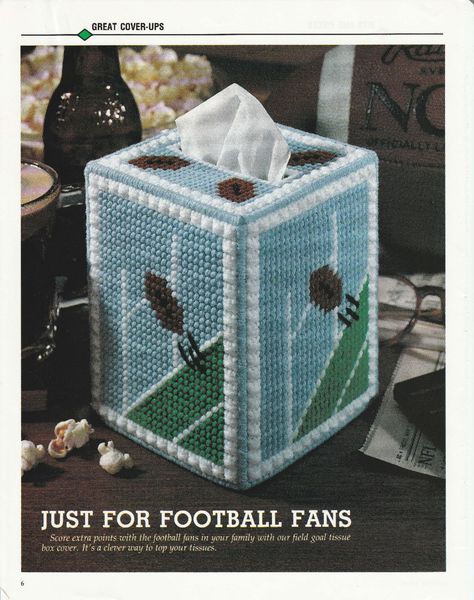 Football Tissue Box Cover in Plastic Canvas by TamarasTraditions on Etsy Plastic Canvas Tissue Box Cover, Memo Holder, Tissue Cover, Plastic Canvas Tissue Boxes, Tissue Box Cover, Needlepoint Patterns, Doily Patterns, Themed Crafts, Craft Sale