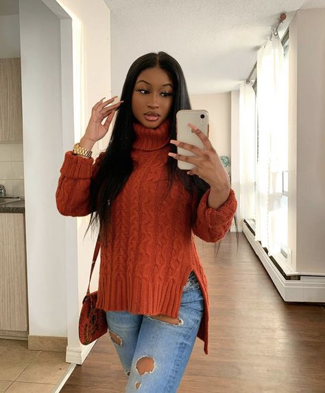 Mustard Jumper, Brazilian Straight Human Hair, Straight Bundles, Sassy Outfit, Girls Fall Outfits, Black Femininity, Basic Sweaters, Outfits Black, Straight Human Hair