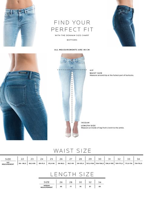 Size Chart Women's Bottoms - Fit Guide - DENHAM the Jeanmaker Womens Jeans Size Chart, Jeans Photography, Girl Zone, Asian Men Fashion, Fashion Banner, Fashion Dictionary, Workwear Pants, Fashion Vocabulary, Trendy Denim