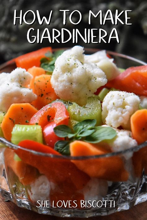 This Giardiniera recipe is a pickled vegetable salad that can be used as an antipasto or a side dish. It's easy and simple to make with this quick recipe, which includes step-by-step instructions on making your very own marinated veggie medley! Pickled Jardiniere, Gardenia Pickles, Pickled Vegetable Salad, Canned Giardiniera Recipe, Italian Giardiniera Recipe, Pickled Gardenia Canning Recipes, Pickled Vegetables Giardiniera, Gardenia Recipe, Homemade Giardiniera Recipe