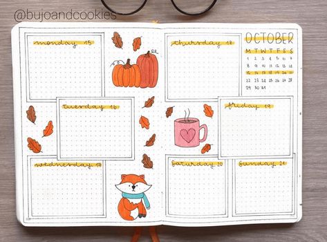 14 Beautiful Fall Bullet Journal Ideas - Angela Giles Fall Bullet Journal Weekly Spread, October Weekly Spread Bullet Journal, October Bullet Journal Weekly Spread, October Bullet Journal Calendar, Fall Bullet Journal Ideas, October Weekly Spread, Fall Bullet Journal, Autumn Bullet Journal, November Bullet Journal