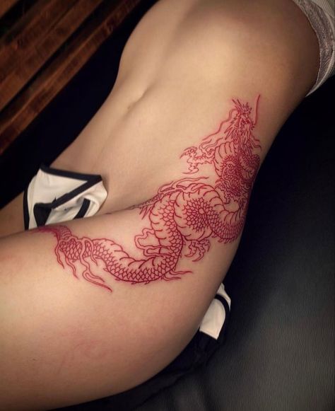 Dragon Tattoo Wrist, Dragon Tattoo Hip, Dragon Thigh Tattoo, Thigh Piece Tattoos, Red Tattoo Ideas, Red Dragon Tattoo, Small Dragon Tattoos, Tato Naga, Dragon Rouge