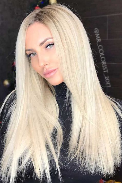 Long Straight Platinum Blonde Hair Style. Platinum blonde is a very popular shade because it is a unique combination of something laidback and glamorous at the same time. That’s what makes platinum stand out among all other blonde hair hues. But how to get it properly and maintain this color? Discover everything about platinum, the Blonde Star, here. #platinumblonde #platinumblondehair #blondehair Blonde Middle Part, Highlights Bob, Middle Part Hair, Millennial Fashion, Part Hair, Blonde Hair Makeup, Hair Cute, Long Layered Haircuts, Blonde Hair Shades