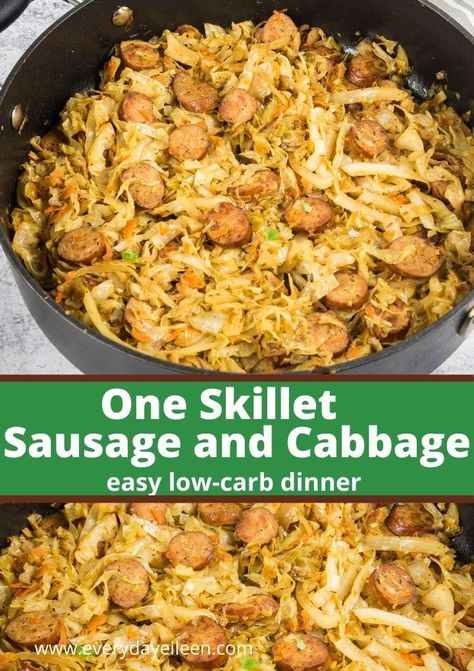 One skillet, low-carb smoked sausage with shredded cabbage and carrots makes a fantastic meal ready in less than 30 minutes. Swap out kielbasa for variety. #sausagecabbage #lowcarbcabbagedinner #ketocabbage #everydayeileen Sausage And Cabbage Skillet, Quick And Easy Keto Dinner, Sausage And Cabbage, Cabbage Skillet, Cabbage And Carrots, Keto Dinner Recipe, Cabbage And Sausage, Easy Keto Dinner, One Pan Meal