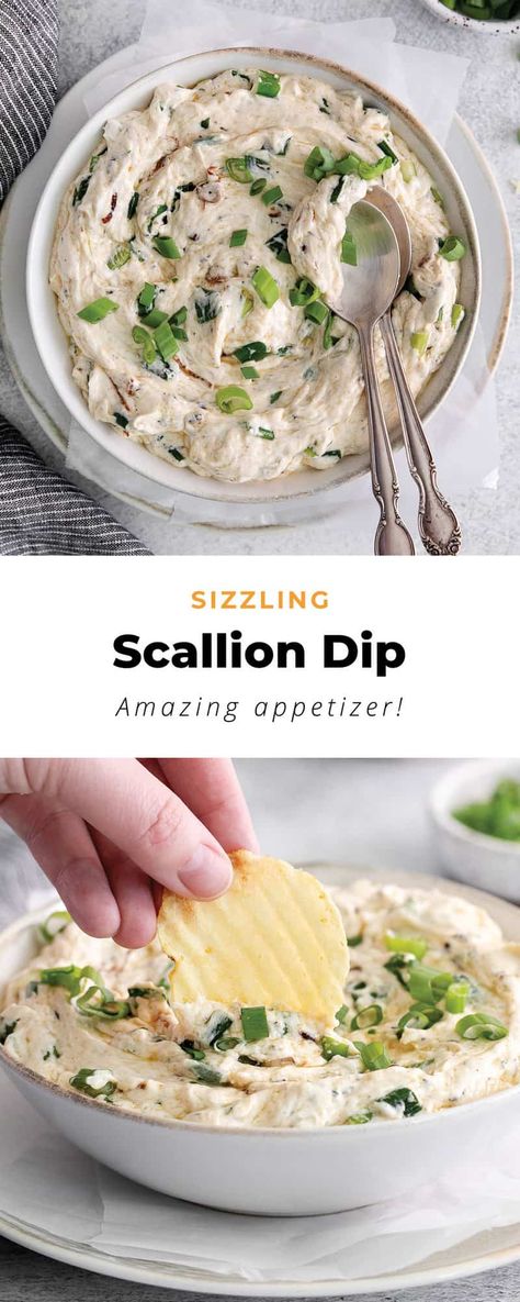 Say hello to your new favorite chip dip -- sizzling scallion dip made with fried green onions and scallions, mayo, cream cheese, and sour cream. Cream Cheese Green Onion Dip, Green Onion Chip Dip, Recipes With Scallions, Fried Green Onions, Sour Cream And Mayo Dip Recipe, Recipes With Scallions Green Onions, Recipes With Green Onions, Scallion Cream Cheese Recipe, Green Onion Recipes