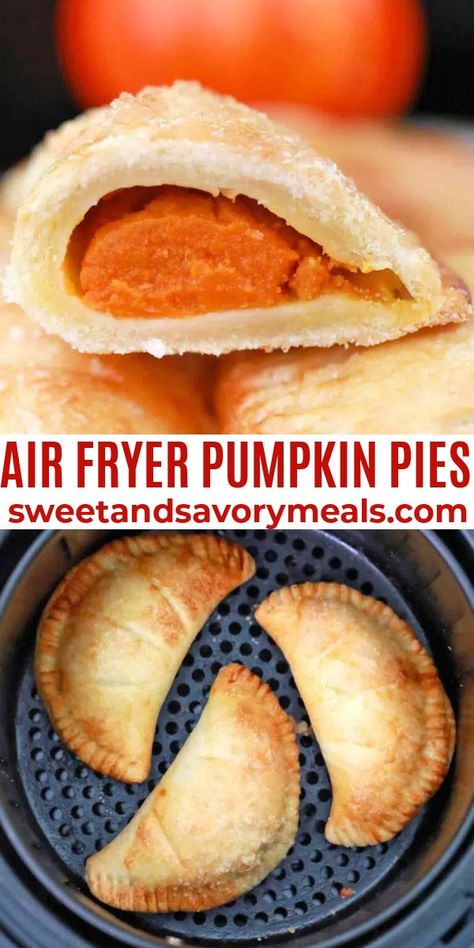 Air Fryer Pumpkin Pies are the perfect treat for this time of the year. Buttery pie crust is filled with pumpkin pie filling and air fried to crispy perfection. #airfryer #pumpkinpies #pies #pumpkin #sweetandsavorymeals Pumpkin Pie Air Fryer Recipes, Pumpkin Pie In Air Fryer, Fried Pumpkin Pie, Air Fryer Pie Crust Recipes, Pie Crust Air Fryer Recipes, Air Fry Pies, Air Fryer Pumpkin Pie, Air Fryer Pies With Pie Crust, Air Fryer Hand Pie Recipes