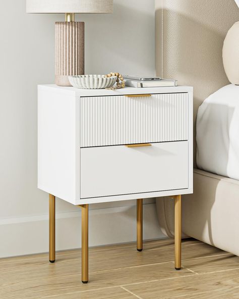 PRICES MAY VARY. Simple and Modern Design White Nightstand: classic white and matte gold design, creating a simple and modern atmosphere, suitable for various styles of home decoration. Add elegance to your home life and accompany you through every day. Ample Storage Space: This nightstand is small but has a lot of space. A bedside table with a drawer and open shelves for storing books, glasses, medicines, or personal essentials helps to keep the room tidy and organized. The wide top is perfect Room Items Bedrooms, Gold Side Tables Bedroom, White And Gold Nightstand Bedroom, White And Gold Minimalist Bedroom, White And Gold Furniture Bedroom, Girly Side Table, Bedside Night Stands Ideas, Cute Bed Side Tables, White Bed Side Tables