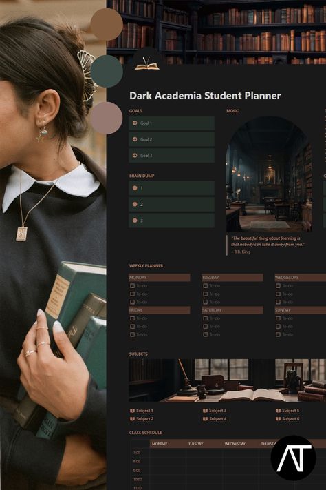 free notion templates Modern Academia Aesthetic, Dark Academia Notion Template, Dark Academia Notion, Academia Notion, Student Planner Organization, Aesthetic Notion Template, Simple Daily Planner, Student Dashboard, Template Notion