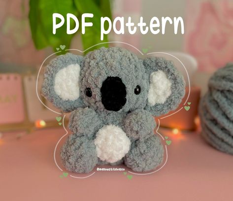 This pattern is a beginner-intermediate level crochet pdf pattern to make a baby koala! After purchasing the pattern, you should be able to download it immediately. If any issues arise, message me on Etsy. To download the pattern, log into Etsy.com (the site, not the app) and go to your "purchases and reviews". Click on the koala pattern and there should be an option to "download files".  You will NOT be receiving a finished koala plushie, this is strictly a PDF digital pattern. My digital croch Koala Pattern, Knitting Bag Pattern, Knit Top Patterns, Easy Crochet Animals, Crochet Mignon, Baby Koala, Plushie Patterns, Crochet Animals Free Patterns, Koala Baby