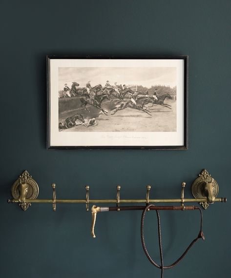 I was determined to find the perfect neutral equestrian print for this corner of our bedroom, and I fell for this beauty, “The Water Jump” from the 1903 Grand National. The original scan was in rough shape, so it turned into quite an extensive restoration process, but I’m thrilled with how it turned out. Available now in our shop! English Equestrian Decor, Polo Decor, Sports Gallery Wall, Equestrian Bathroom, Equestrian Interior Design, Equestrian House, Equestrian Interior, Equestrian Chic Decor, Equestrian Style Decor