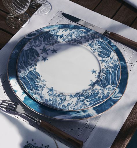 Dessert Plate La Vague, Blue | DIOR Cordelia De Castellane, Blue Dior, Denim Swimsuit, Dior Star, Blue Dinnerware, The Great Wave, Childhood Home, Great Wave Off Kanagawa, Dior Book Tote