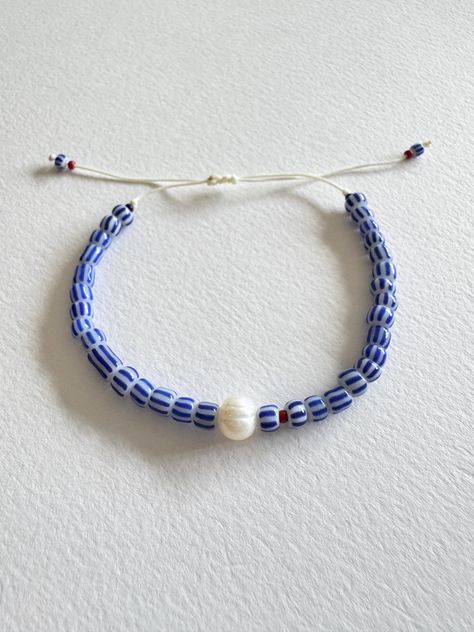 Adjustable Blue Striped Glass Bead Bracelet with Freshwater Pearl on Ivory Cord, Christmas Gift for Her, Stacking Bracelet 2024 Accessories, Girly Bracelets, Bead Diy, Glass Bead Bracelet, Understated Style, Christmas Gift For Her, Glass Beaded Bracelets, Bead Stringing, Jewelry Inspo